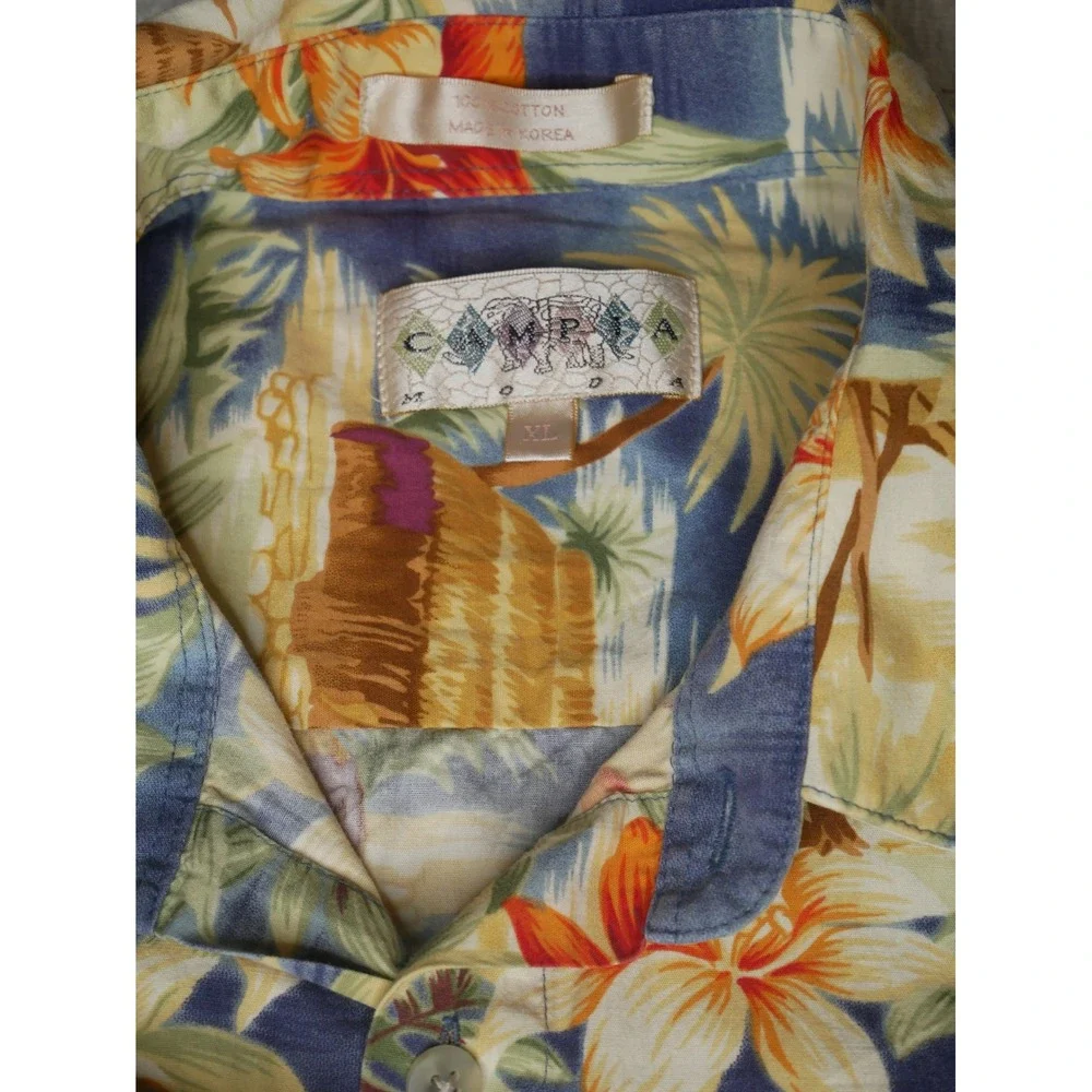 Campia Moda Mens XL Hawaiian Shirt Blue Tropical Hibiscus Palm Tree Cotton‎ XL